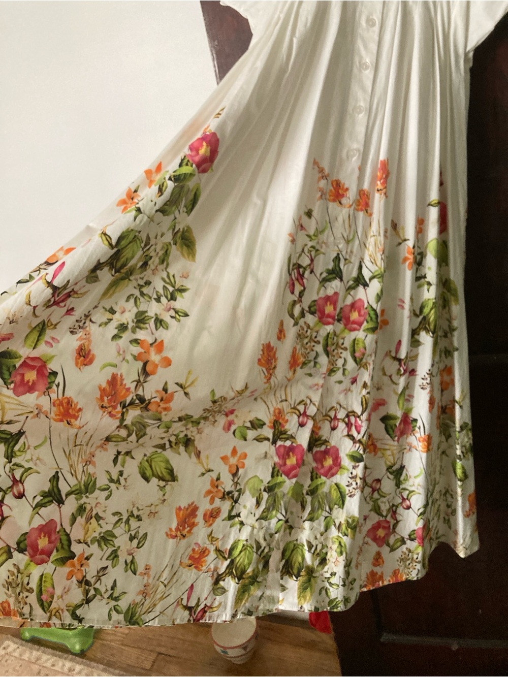 Anthropologie Tobie Cream Midi Dress with Pink and Green Floral Hem - Picture 5 of 11